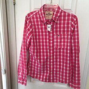 Hollister NEW Cotton Gingham Check Button Shirt Top Blouse Pink Long Sleeves S